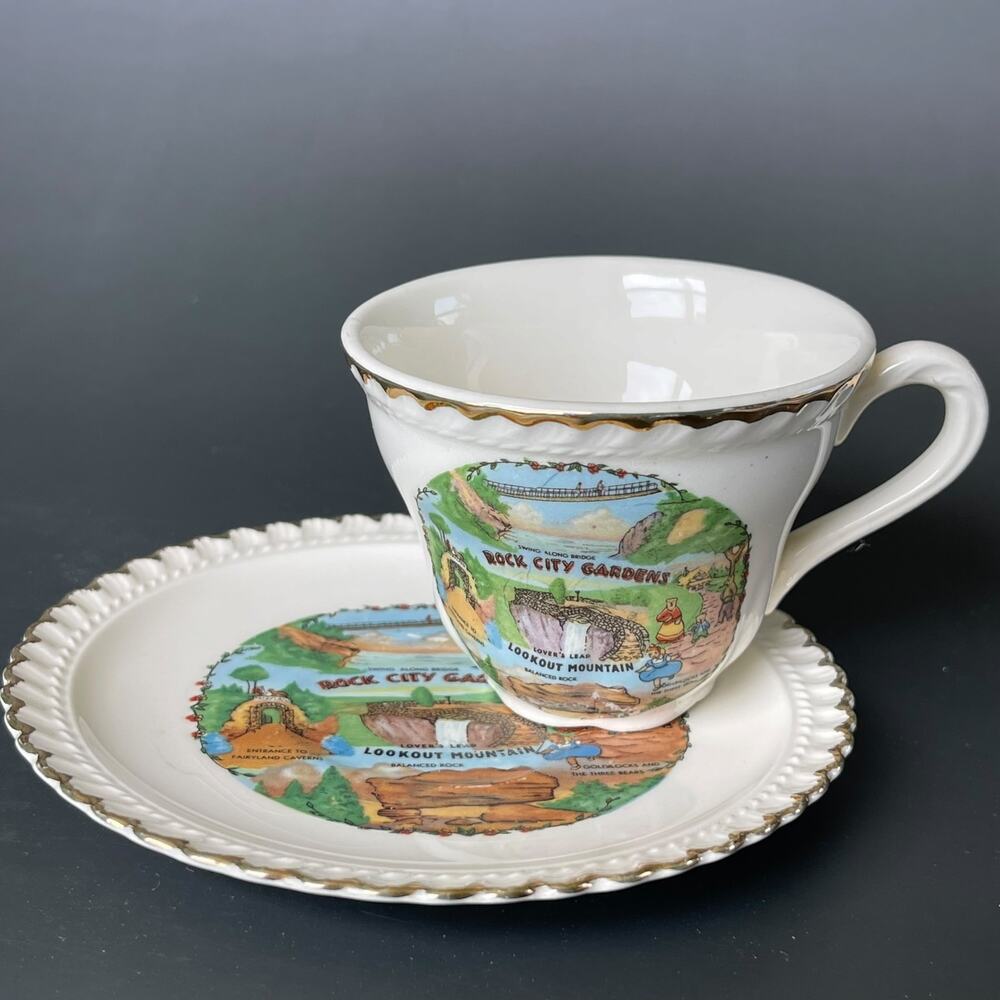 Vintage Rock City Gardens Lookout Mountain TN Cup Saucer Souvenir Set